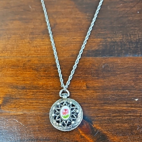 Silver Pendant Necklace with Pink Floral Design - Picture 2 of 9